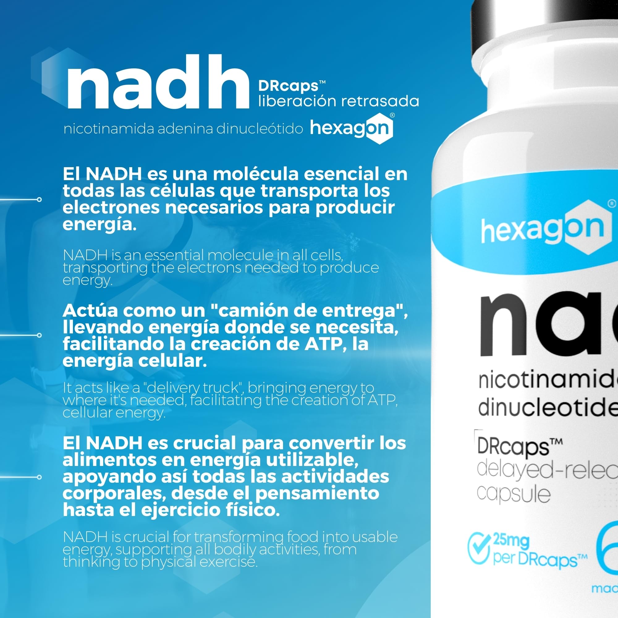 NADH 25mg - +2 Meses de Cura - Liberación Retardada Con DRcaps™ - Energía Celular y Metabolismo - Mejor Biodisponibilidad - Fabricado en Francia - 60 Cápsulas Vegetales - Vegano - Hexagon