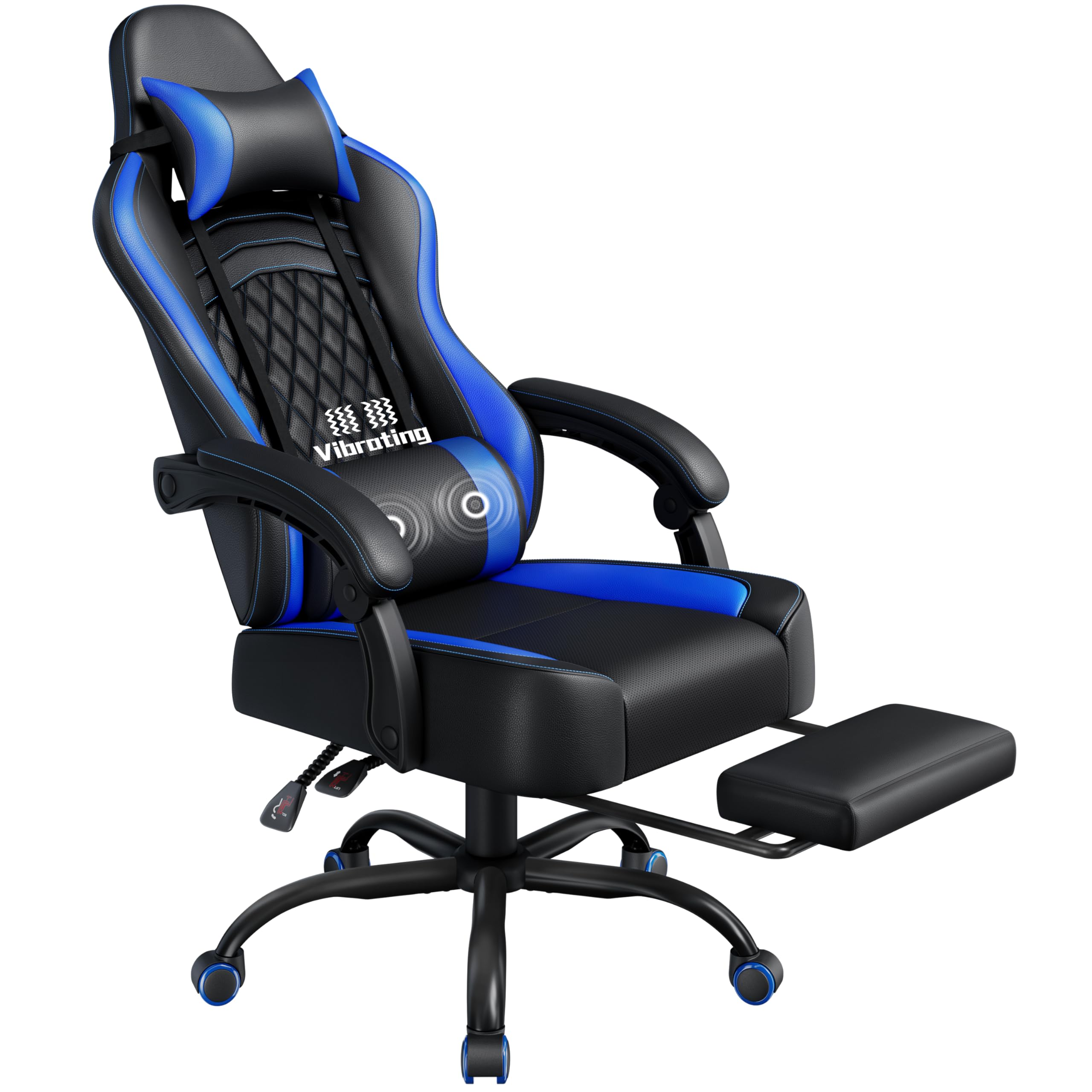 Yaheetech Sedia da Gaming Ergonomica con Cuscino Massaggio Lombare, Schienale Reclinabile e Poggiapiedi Estraibile, Sedia da Ufficio Girevole con Braccioli Imbottiti e Poggiatesta Rimovibile (Blu)