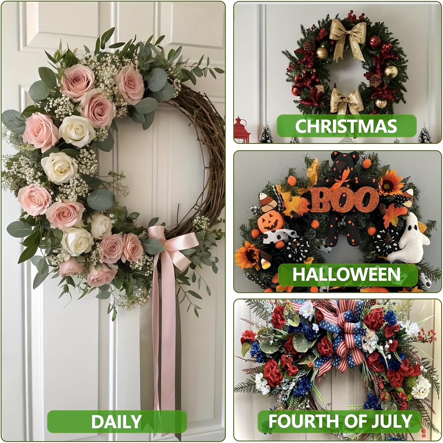 Wreath Hanger for Front Door, Heavy Duty Suction Cup Wreath Hanger for Glass Door & Window, No Drill Removable Adhesive Hooks for Seasonal Holiday Decorations, Walnut Finish, 3 Pack