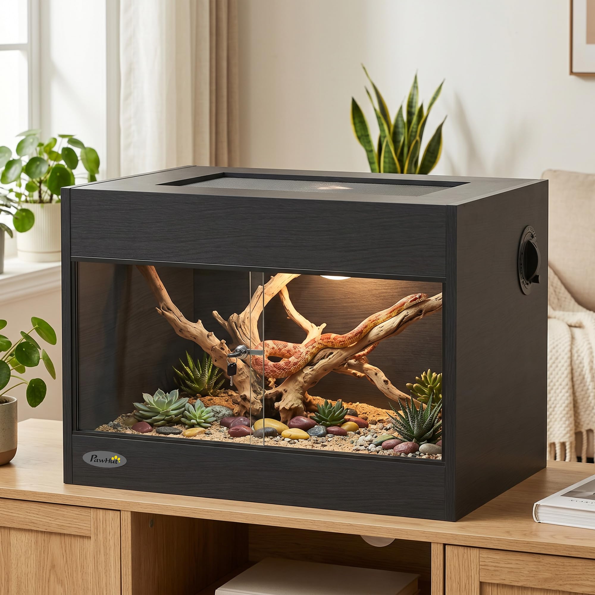 PawHut Terrario per rettili ad alta resistenza per geco 60x45x45cm Nero | Porte vetro scorrevoli, chiusura sicurezza, ventilazione sup., vivario rettili, recinto tarantola, drago barbuto, serpente