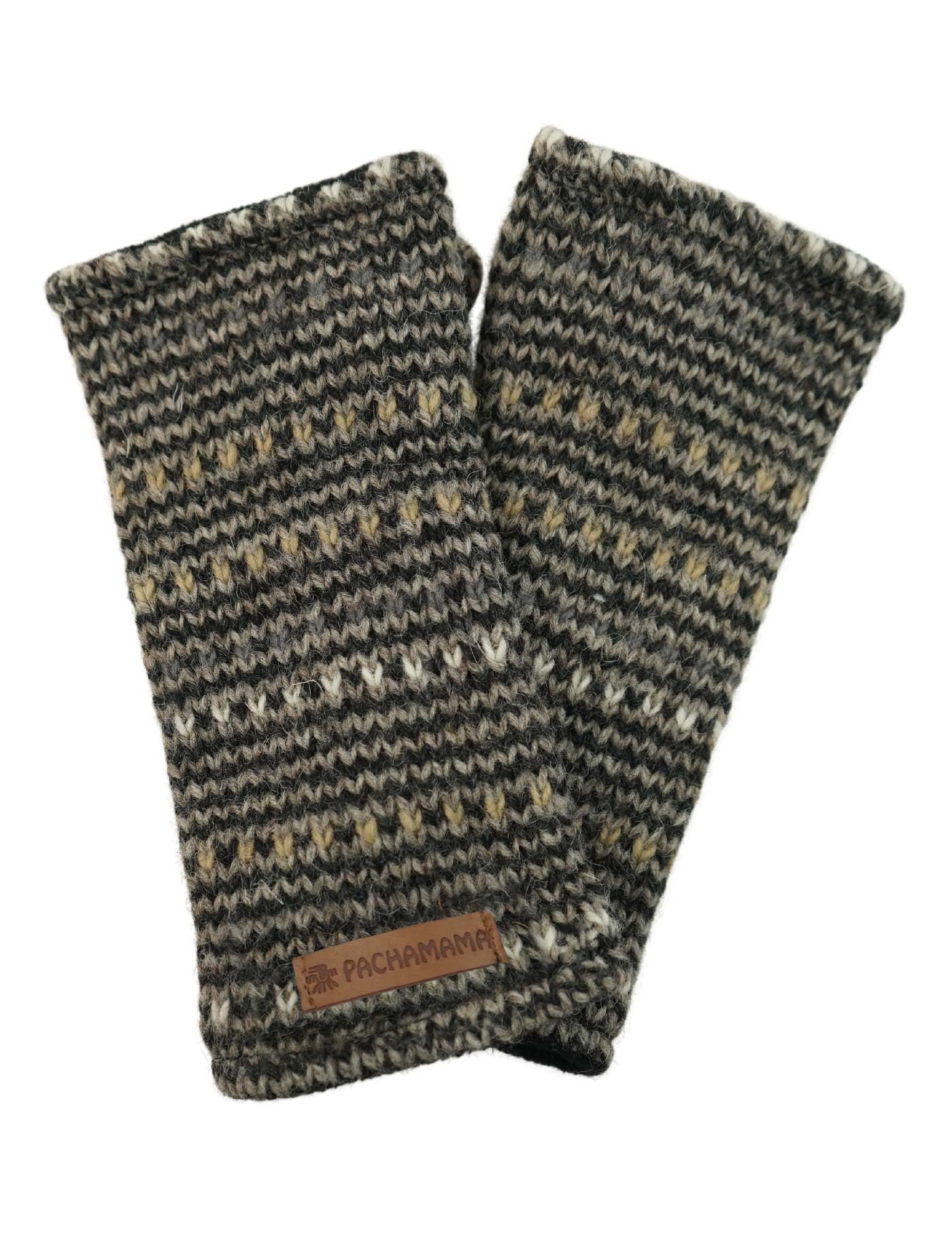 Pachamama Men's Charcoal Wool Fingerless Gloves, Wrist Warmers With Thumb Holes, Handmade, Thermal, Fair Trade, Striped