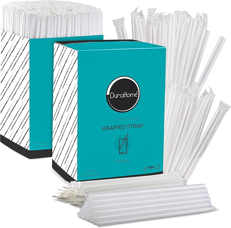 DuraHome Pajitas de plástico transparente envueltas individualmente, paquete de 1000, pajita para beber de 8 pulgadas, sin BPA, pajitas desechables estilo restaurante de 0,24 pulgadas de ancho, juego a granel