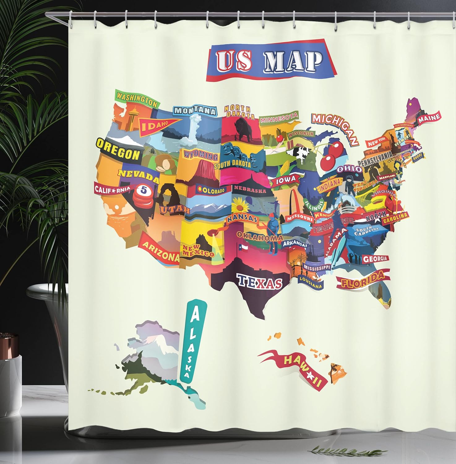 Ambesonne Map Print Shower Curtain, US Map Seashore and Sunflowers Tourist Attractions Jersey Cow Milk Corn Field, Cloth Fabric Bathroom Decor Set with Hooks, 69" W x 75" L, Multicolor