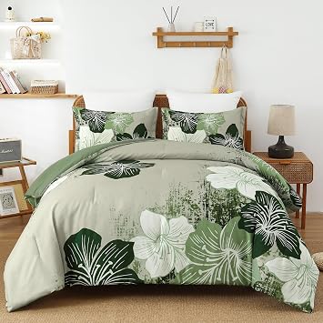Menghomeus Floral Comforter Set Queen Ombre Green Bedding Lightweight Microfiber Bed Comforter for All Season, 3 Piece Flowers Comforter with 2 Pillowcases