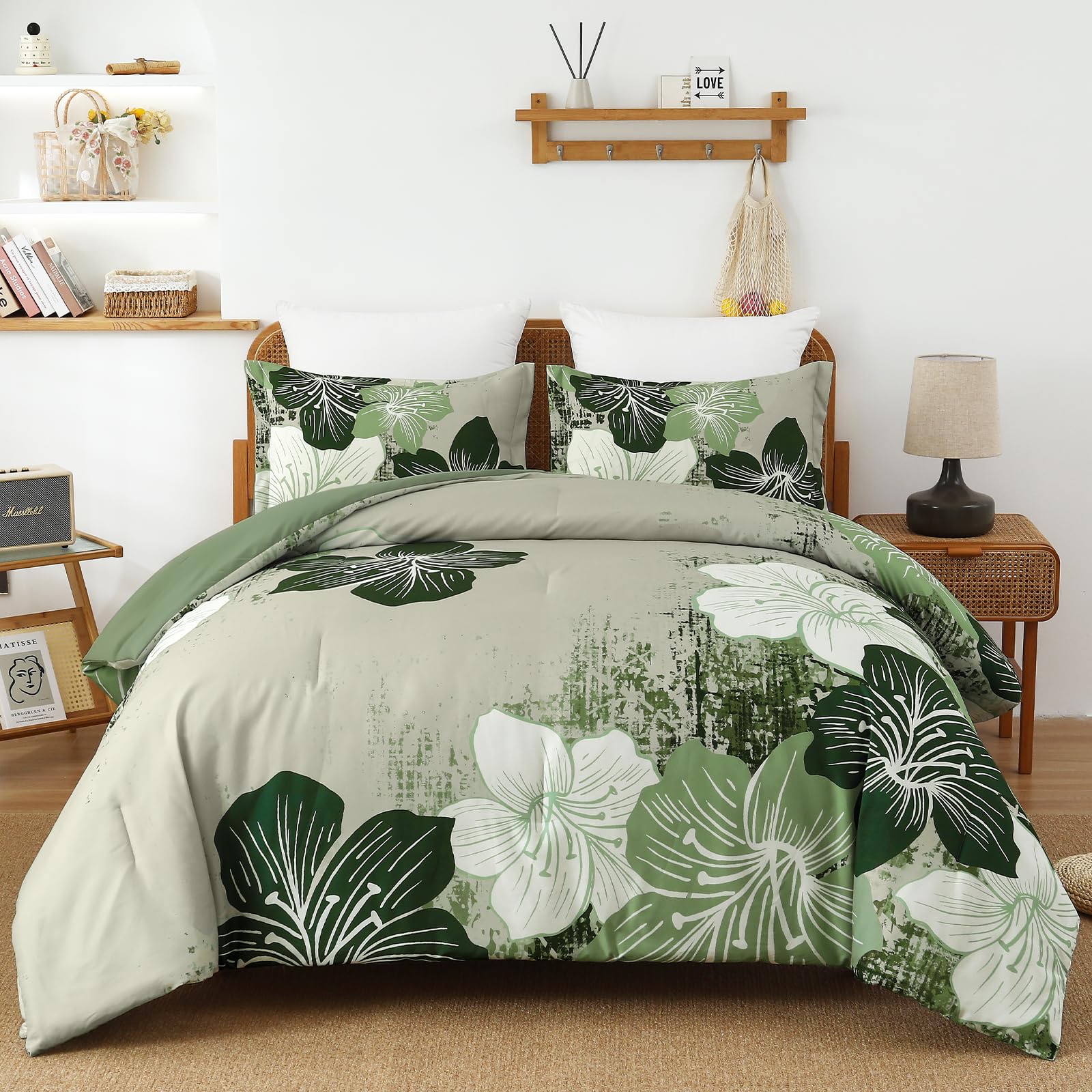 Menghomeus Floral Comforter Set King Ombre Green Bedding Lightweight Microfiber Bed Comforter for All Season, 3 Piece Flowers Comforter with 2