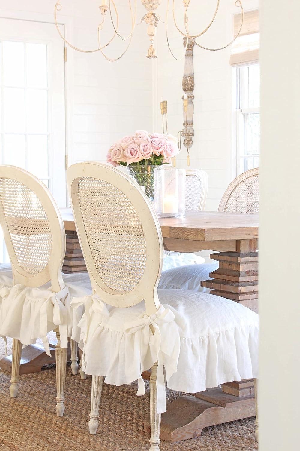 Luxury Chair Cover, XL Seat Size 22" x 19", Ruffled Linen, Dining Chair Covers, Slipcover, Farmhouse Decor, Heavy Drape Linen, (Warm Off White)