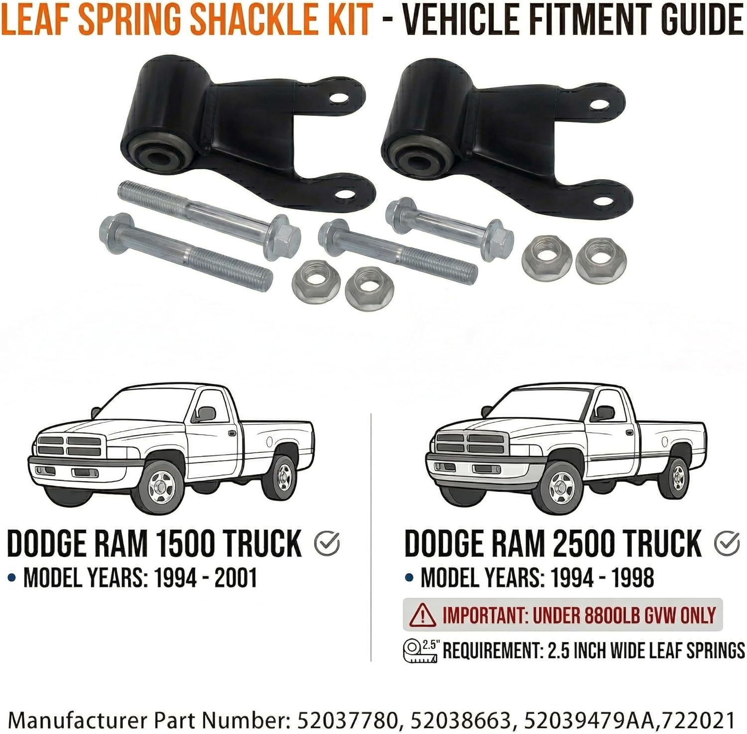 2pcs rear leaf spring shackle kit for 1994-2001 dodge ram 1500 2500,replaces 722-021 52039479aa