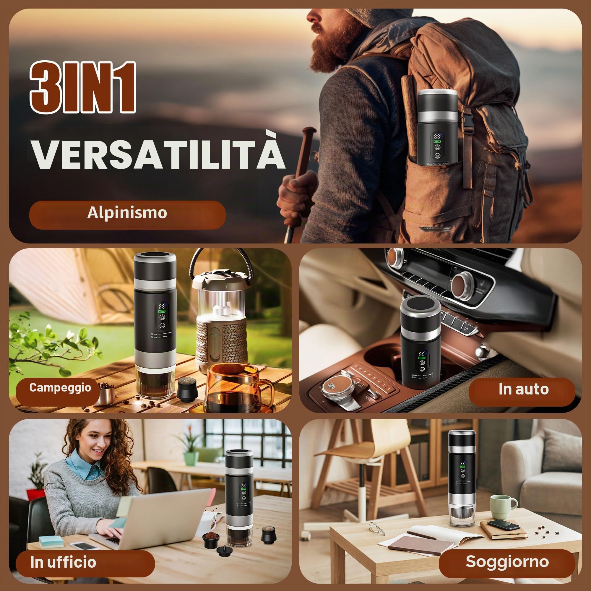 Macchina Caffe Portatile 3 in 1 con Batteria Rimovibile 15000mAh, Caffettiera Portatile 20 Bar Auto Riscaldamento con Display Digitale, Compatibile Capsule e Caffè Macinato, per Camping