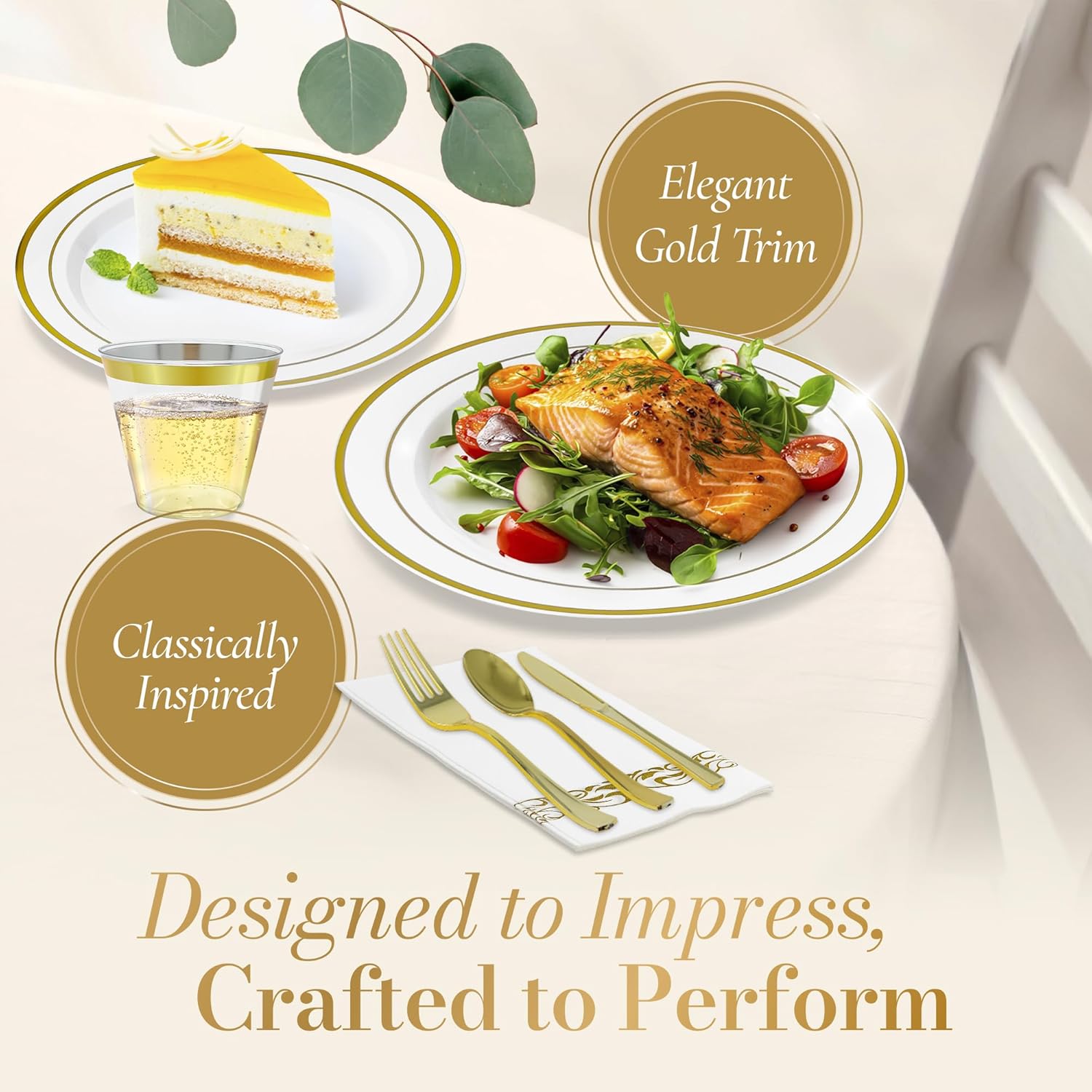 Reli. Plastic Plates for Party | 210 Pieces | White w/Gold Rim | Plates and Napkins Party Supplies | Disposable Dinnerware Set for 30 Guests | Dinner & Dessert Pack, Gold Cutlery Set, Napkins, Cups - Image 3