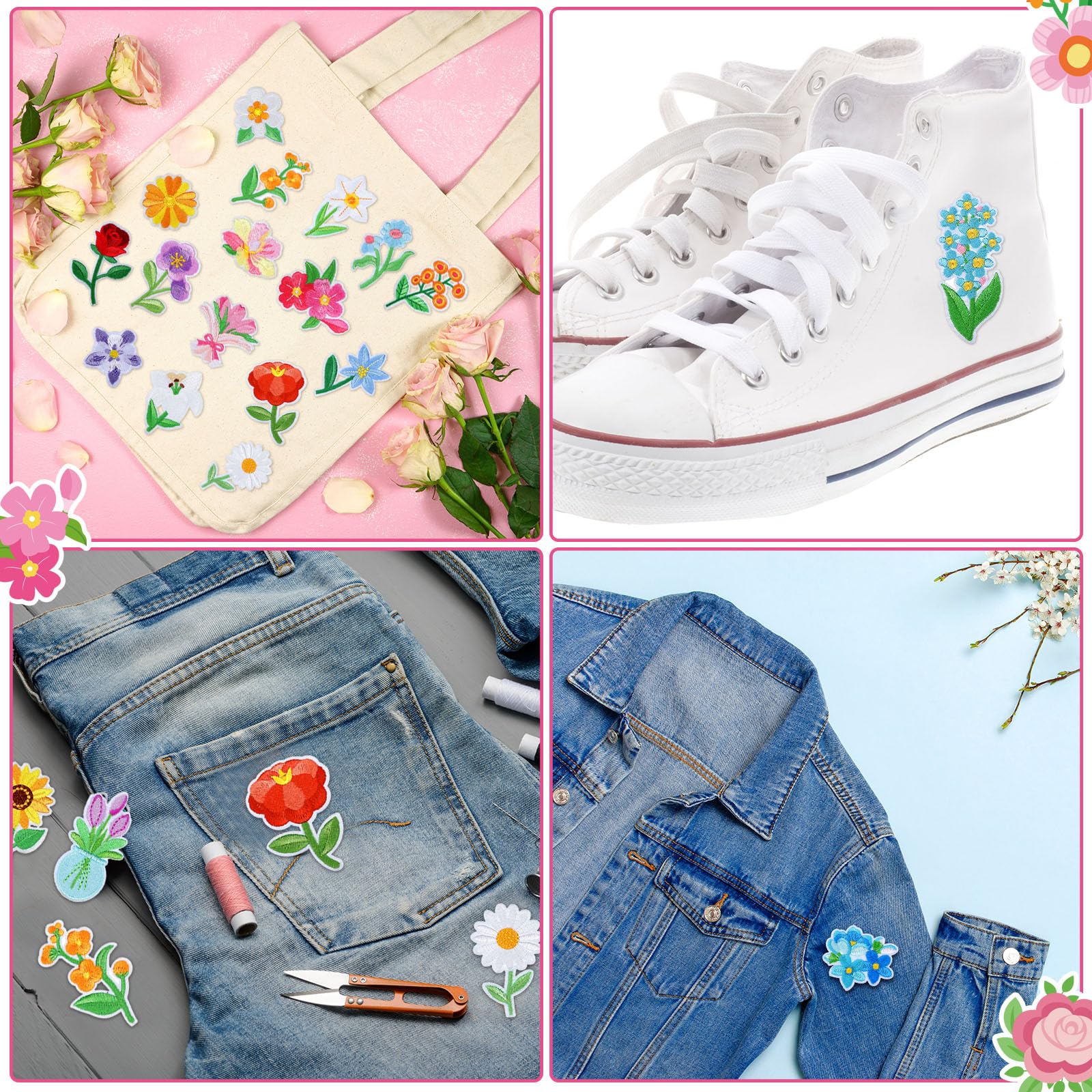 Zeyune 72 parches de flores pequeñas para planchar a granel, bordados a granel, parches florales para planchar en sombrero, girasol, margaritas, tulipanes, peonías, apliques para coser para sombrero