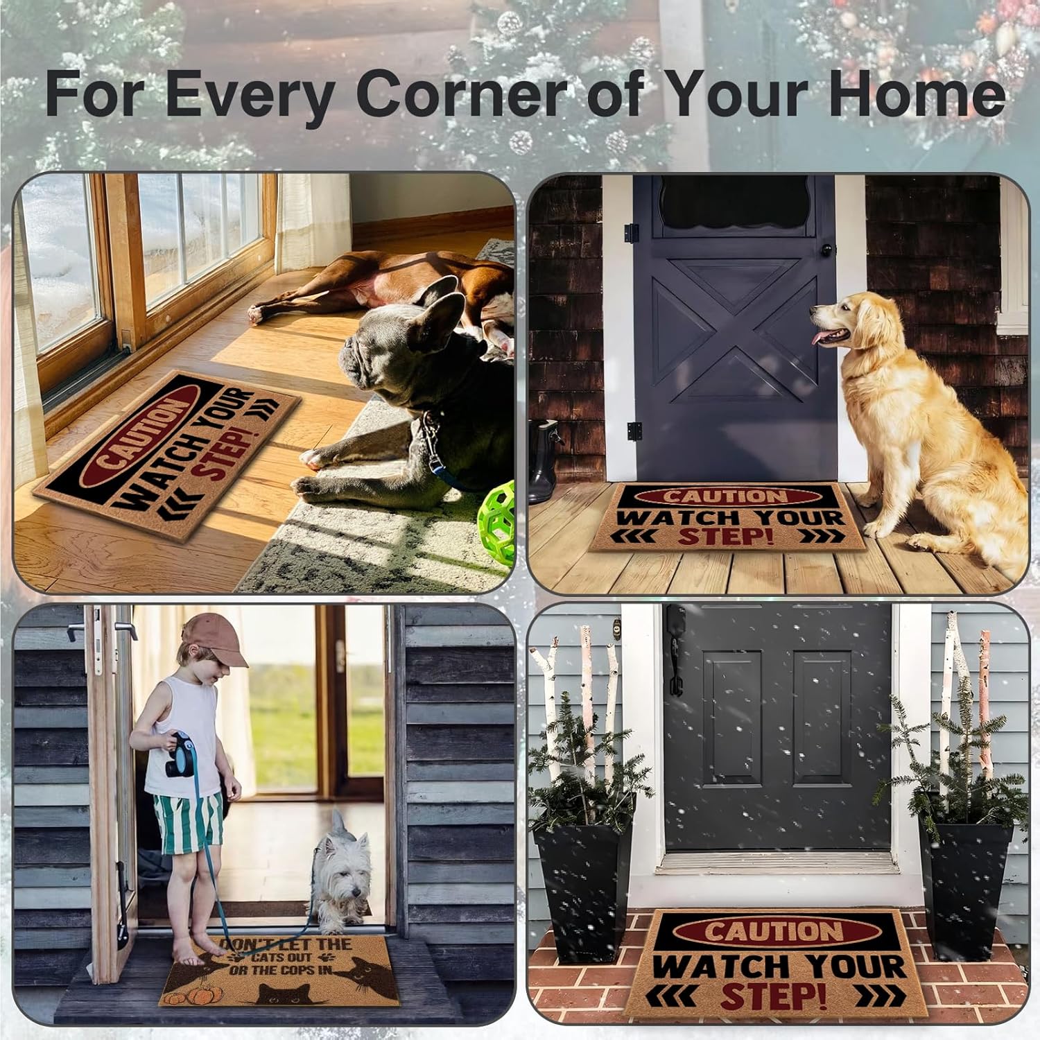 Heavy Duty Front Door Mat Outdoor Entrance Caution Watch Your Step, 30 x 18 Inch Large Welcome Doormat for High Traffic Entryway, Washable Indoor Outdoor Rug for Porch/Garage/Patio