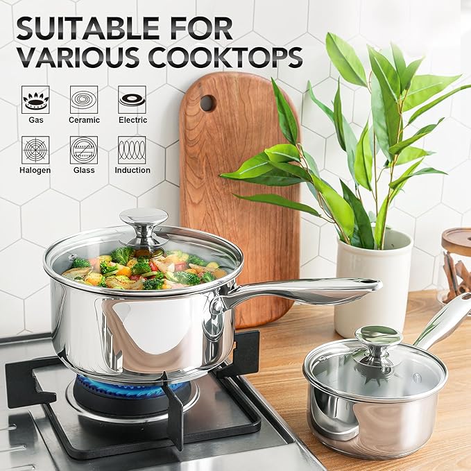 Designed with both practicality and safety in mind, the set includes flavor-lock glass lids that expertly seal in nutrients and enhance the taste of your dishes. The ergonomically designed, heavy-duty stainless steel handles are double-riveted by hand, providing a secure, comfortable grip that remains cool to the touch throughout the cooking process. Not only does this promise convenience, but it also ensures a safer cooking environment.