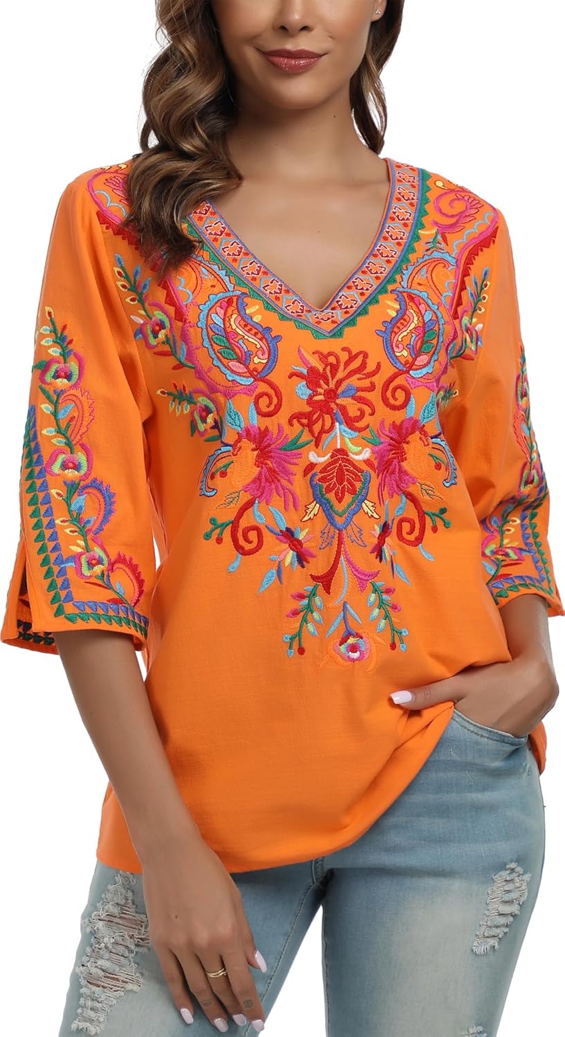YZXDORWJ Women's Summer Embroidered Mexican Shirts Short Sleeve Casual Tops Blouse