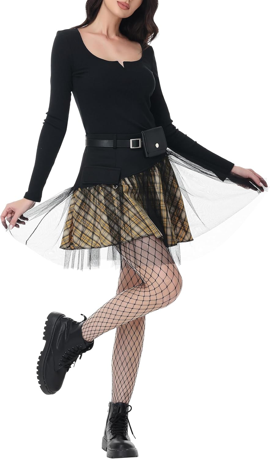 PUNK RAVE DAILY Women Gothic Skirts Women Goth Mini Plaid Skirt with Tulle Punk Dunk High Waist A-Line Party Skirt