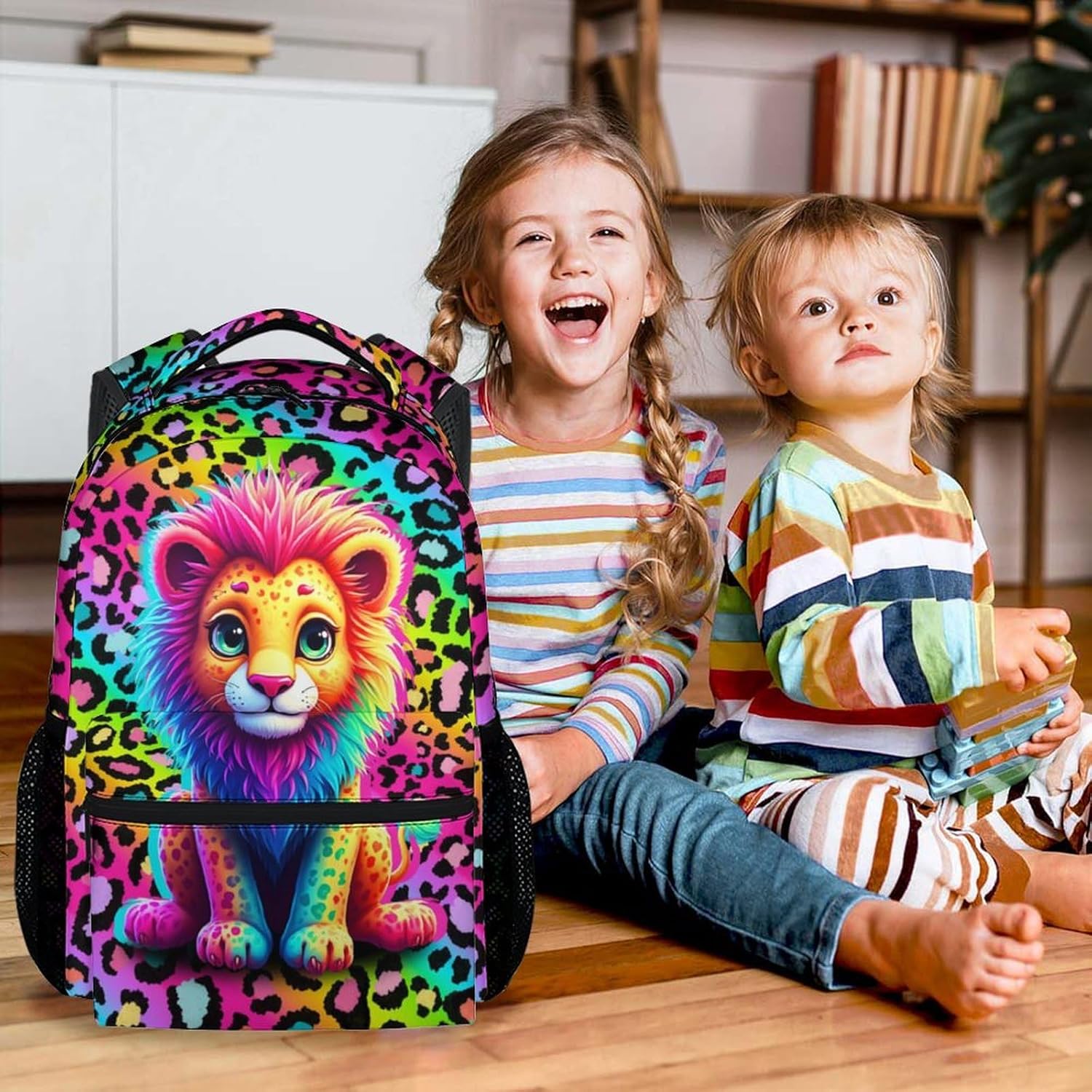 Lion Backpack for Kids - 17 Inch Aesthetic Girls Backpacks for Preschool - Cute Lightweight Durable Animal Print Bookbag for Middle School