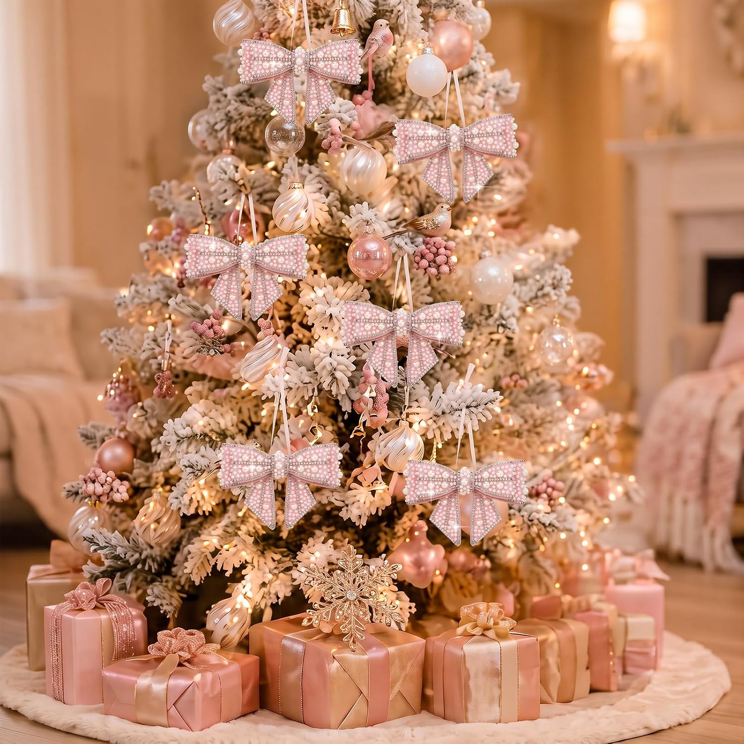 6 Pcs Pearl Bow Ornaments Christmas Tree Topper Hanging Ornament,Pink