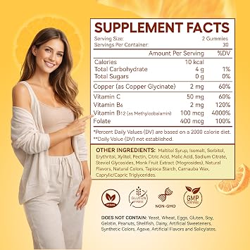 Copper Gummies, Skin & Hair Health, 2mg Chelated Copper Glycinate for Women | Copper Glycinate Gummies with Vitamins C, B6, B12 & Folate for Red Blood Cell Formation, Energy Metabolism & Immune Support