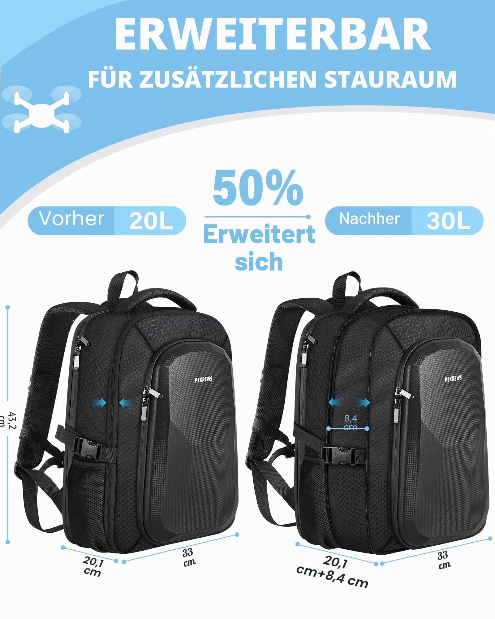 PEKREWS Tasche für DJI Mini 3/ Mini 4 Pro, für RC 2/ RC-N3/N2/N1 Controller | Drohne Rucksack, für 15,6 Zoll Laptop, Hartschale, Erweiterbar, Wasserabweisende, für Fly More Combo Zubehör, Reisetasche