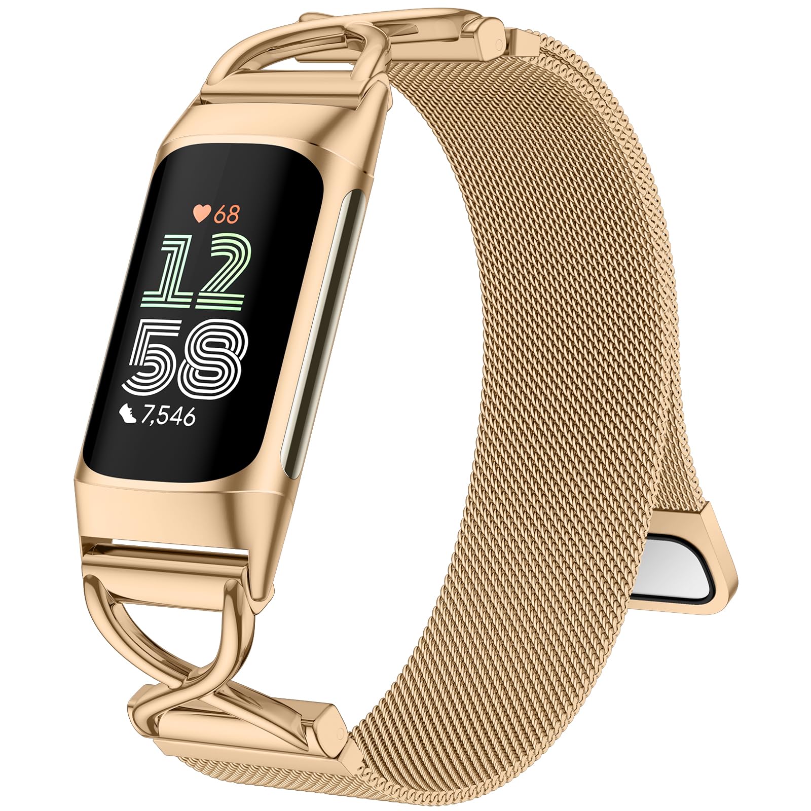Charlam Metal Straps Compatible with Fitbit Charge 6 Strap, Charge 5 Straps for Women, Magnetic Stainless Steel Mesh Loop Band for Fitbit Charge 6, Charge 5, RoseGold
