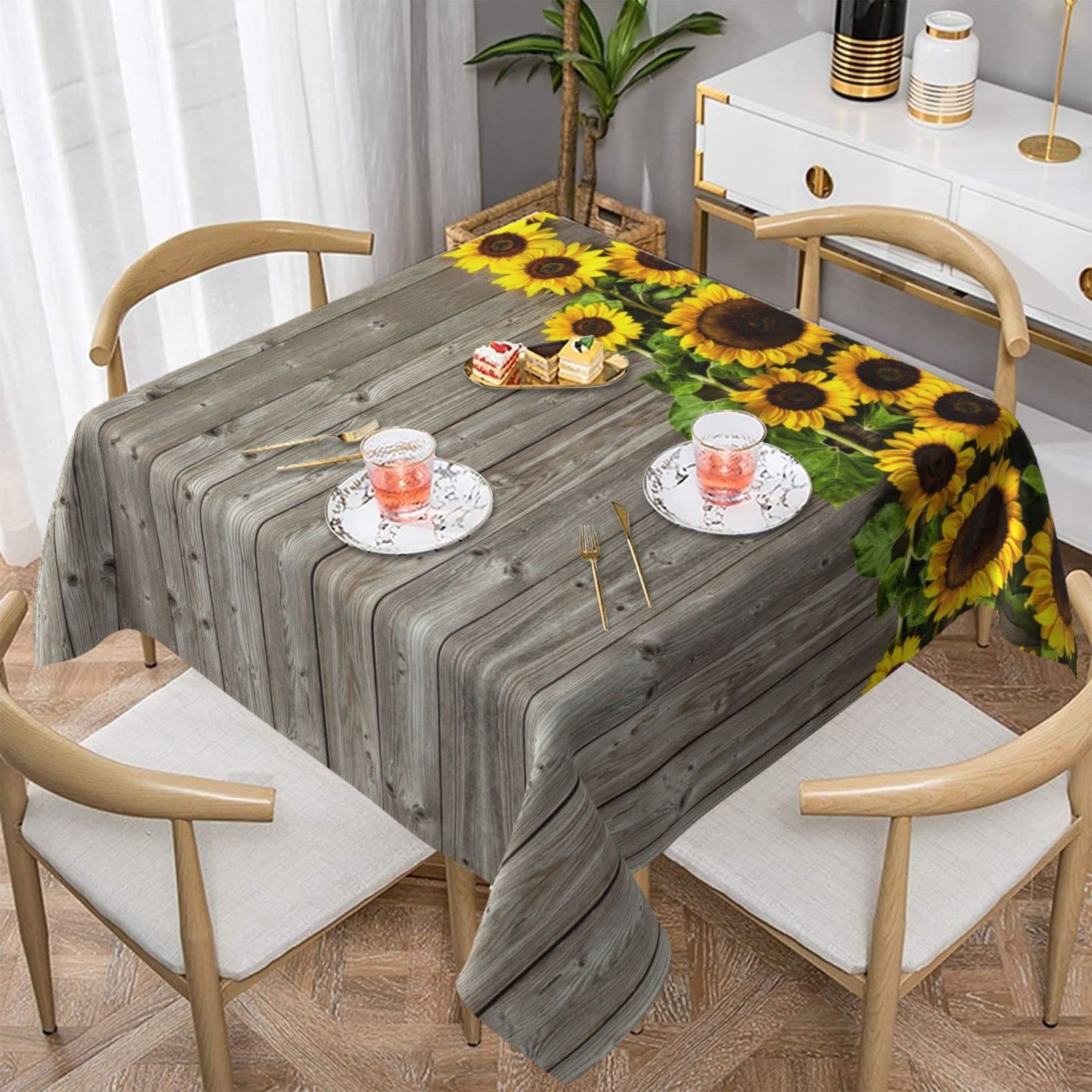 Lawenp Plants Theme Sunflower Square Wrinkle-Free Table Cloth Cover Table Decorative for Wedding Dinning Party Banquet Tabletop