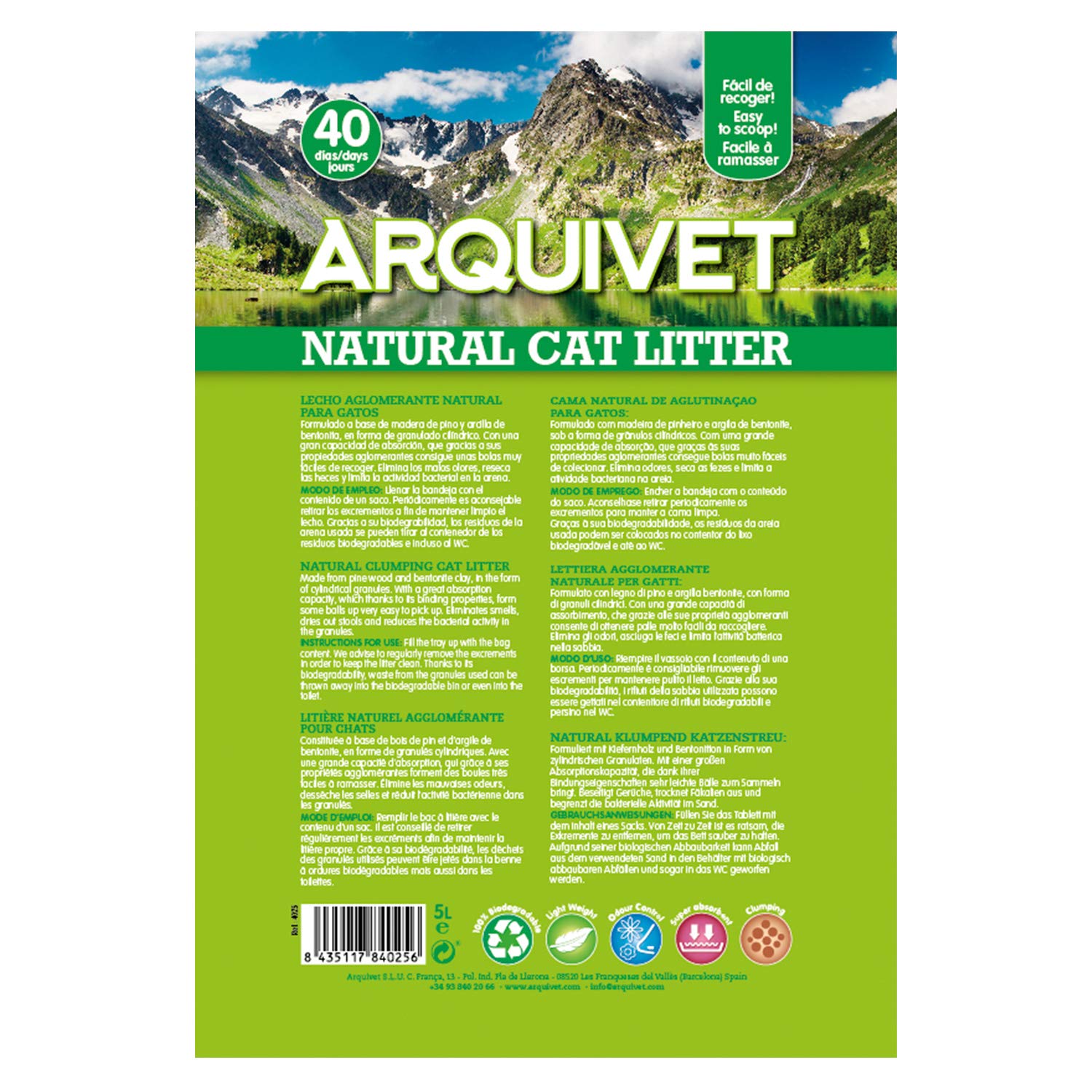 Arquivet Natural Cat Litter - Letto naturale per gatti - Letto igienico per gatti - Letto biodegradabile, ecologico, vegetale - Fino a 40 giorni - Letto naturale legante per felini - 5L