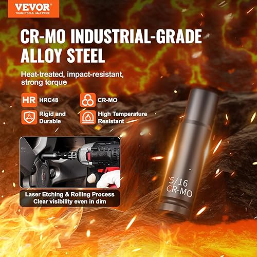 Miniatura 64 de VEVOR Juego de dados de impacto de 3/4 pulgadas, 29 piezas, enchufes de 6 puntos, construcción resistente, CR-M0, juego de llaves de vaso de 3/4