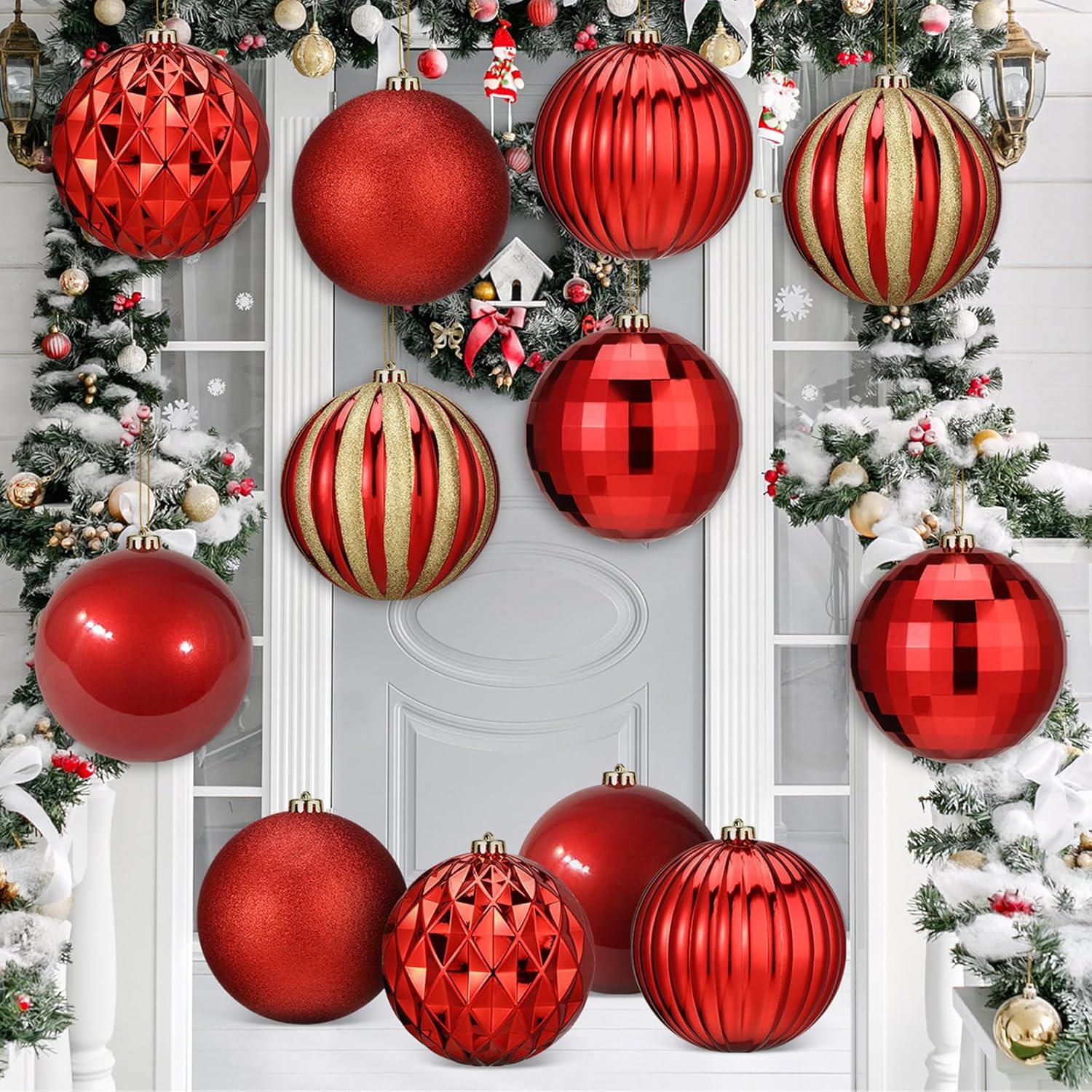 Poen 12 Pcs 6 Inch Extra Large Christmas Ornament Ball Jumbo Shatterproof Hanging Christmas Tree Ornament Outdoor Vintage Red Green Big Ball for Xmas Tree Porch Yard(Elegant Style)