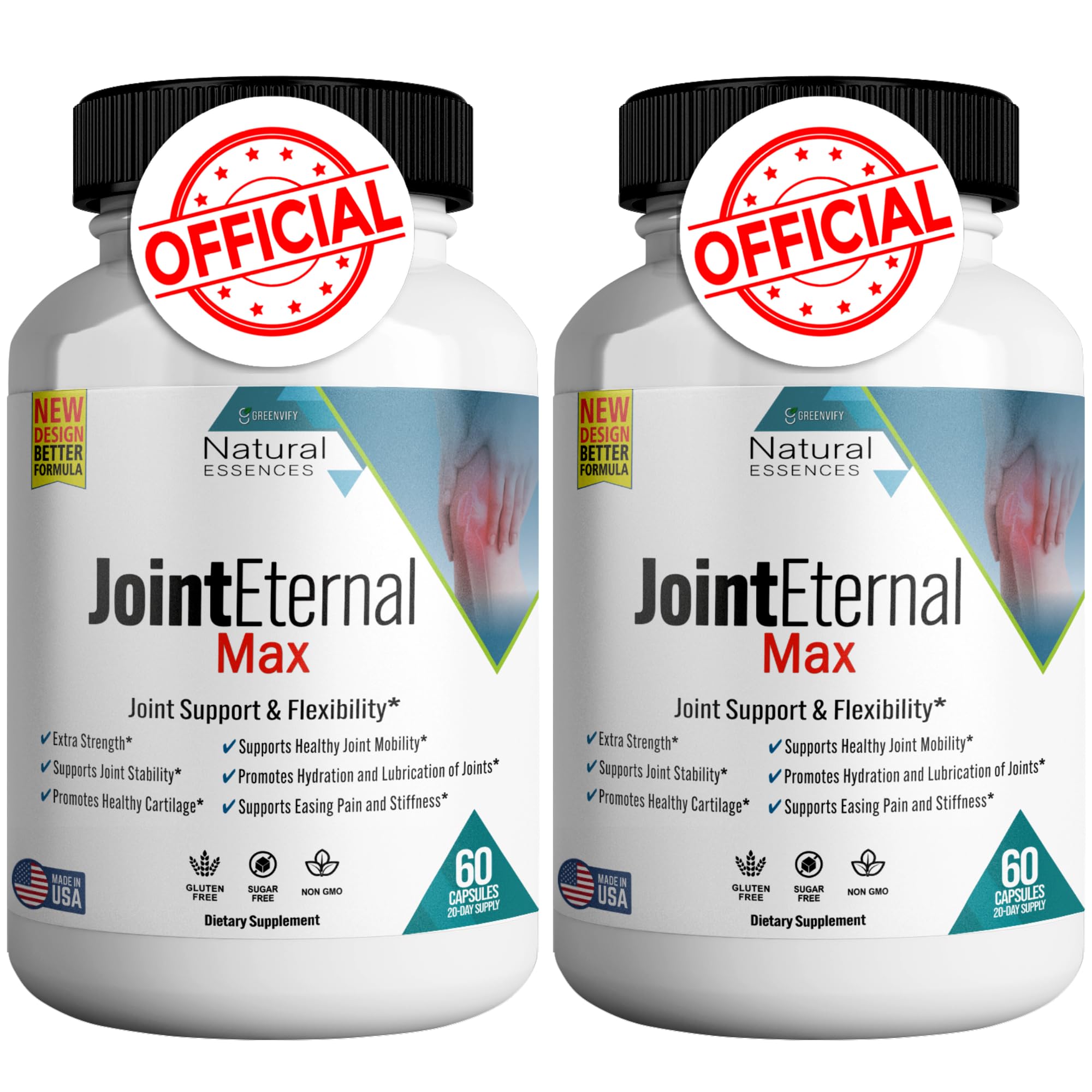 Bottle of Joint Eternal supplement on a kitchen counter next to a glass of water and a pill organizer