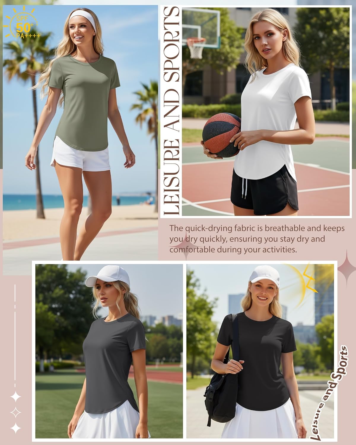 4 Pack Women's Workout Shirts UPF 50+ Athletic Breathable Short Sleeve Tops Quick Dry Split Hem Running Gym Yoga Tee - Image 3