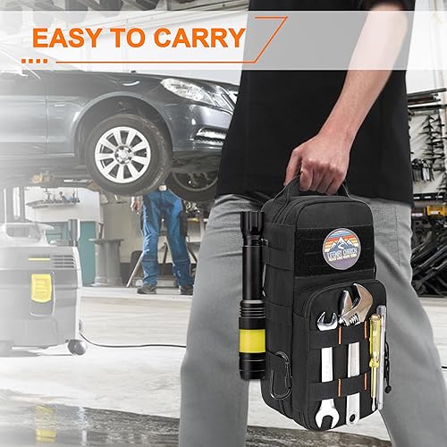 Miniatura 7 de Bolsa de herramientas pequeña resistente con 2 bolsas con cremallera, organizador de herramientas táctica multifuncional Molle con mosquetón de