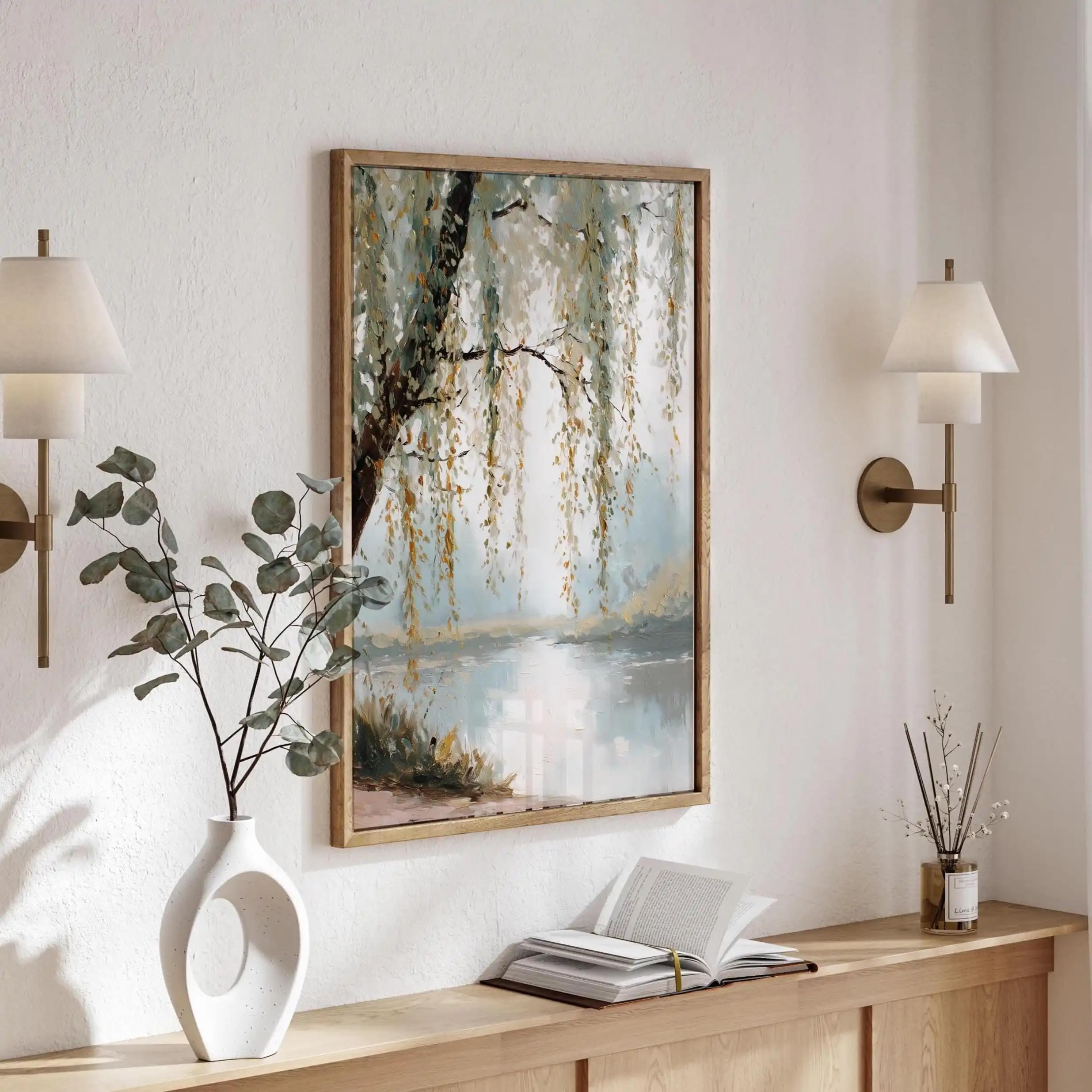Póster artístico Willow Tree Countryside, arte para sala de estar en verde salvia, arte para dormitorio en verde oscuro, impresiones en lienzo (30x40cm x 3/marco interno)
