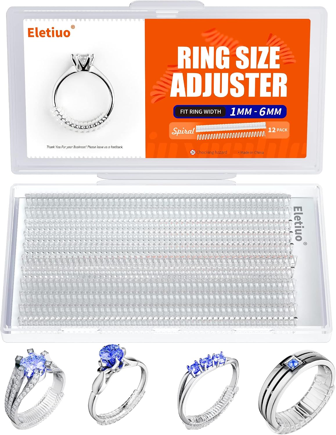 ELETIUO 12 Pack Ring Size Adjuster for Loose Rings Invisible Transparent Silicone Guards Clip Noodle Jewelry Tightener Connector Fitter Resizer 4 Sizes Fit Almost Any Ring for Women and Men