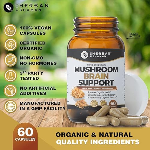 Vista 2 de Mushroom Supplement Brain Support Organic Lions Mane, Cordyceps, Ginkgo Leaf, Gotu Kola + More Natural Herbal Supplement (60 Capsules)