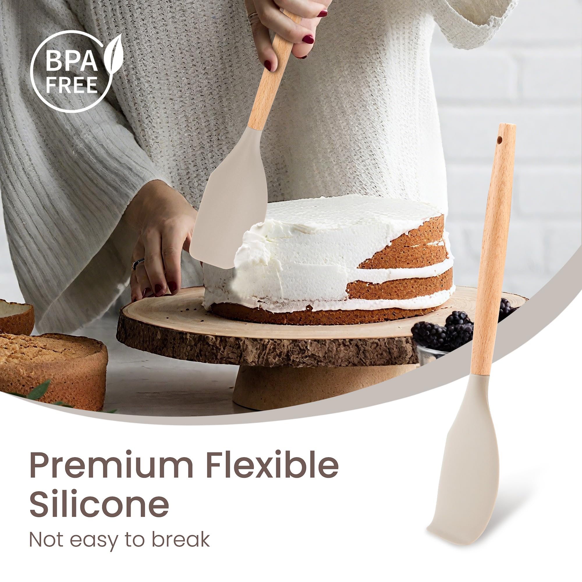 Silicone Cooking Utensils Set with Holder, BPA Free Kitchen Utensils Set for Cooking, 446°F Spatulas Silicone Heat Resistant Wooden Handle Spoon Tongs Non-stick Kitchen Gadgets (Khaki)