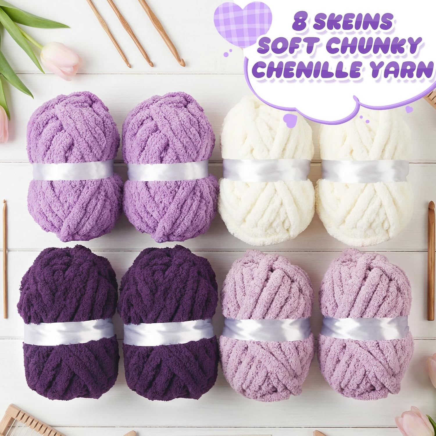 Buryeah 8 Pcs Jumbo Big Chunky Yarn for Hand Knitting Crocheting #10 Chenille Blanket Yarn 8.8 oz Bulky Soft Thick Fluffy Plush for Knitting Blanket DIY Crafts 28.5 Yards Each(Purple)