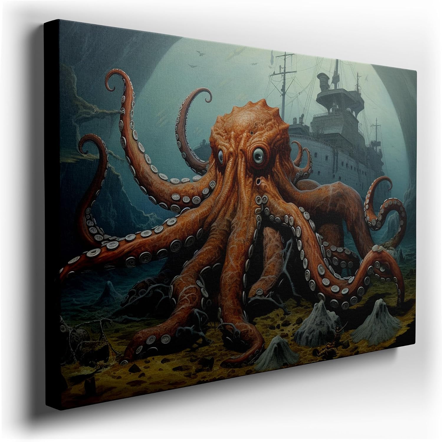Canvas for Living room. Mysteries of the Deep: The Octopus Guardian and the Sunken Ship's Last Stand, 27 x 18 inch Canvas Wall Art - Ready to Hang - 69x46 cm (27x18 inch)