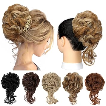 Messy Bun Hair Piece Tousled Updo Hair Extension with Elastic Rubber Band Synthetic Curly Wavy Hair Bun Scrunchie for Women Girls, Ash Blonde Mix Ginger Brown 1.2oz
