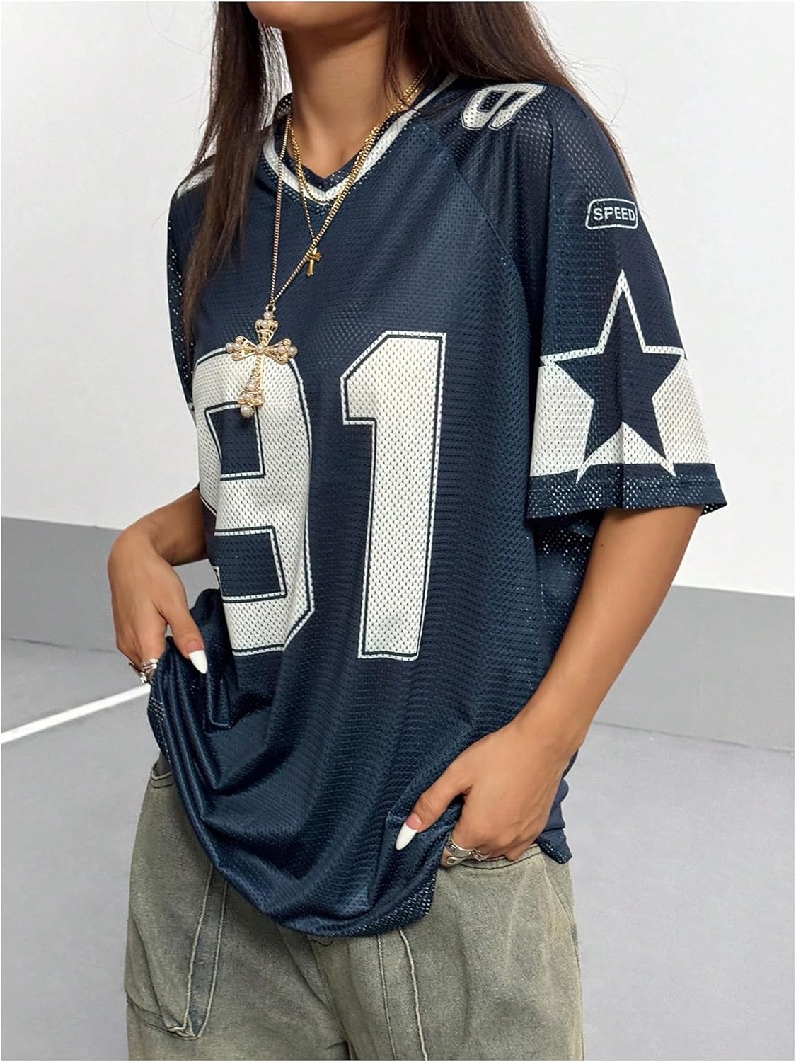 SHENHE Women's Graphic Football Jersey Top V Neck Short Sleeve Loose T Shirt Streetwear - Image 4