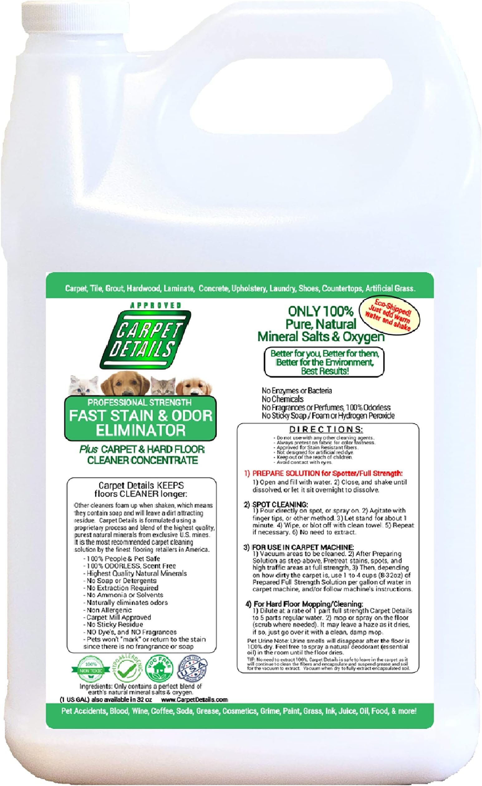 Carpet Stain Remover- Safe Natural Mineral Based Carpet Cleaner Solution- Use on Tile, Grout, Laminate and Wood Floors, and Carpet- Perfect Pet Carpet Cleaner- Gallon- Made in the USA
