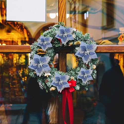 Vista 49 de Boao 24 Pieces Christmas Artificial Glitter Poinsettia Flowers Xmas Flowers Wedding Christmas Tree New Year Ornaments(Green)