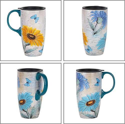 Miniatura 6 de Topadorn Taza de café de cerámica con tapa, tazas de café con asa y caja de color a juego, 17 onzas. Margarita