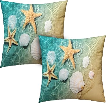 Blue Beach Pillow Covers 18x18 Set of 2 Nature Coastal Seashells Starfish Throw Pillow Case Ocean Decorative Pillow Covers Sea Wave Teal Cushion Case for Living Room Couch Sofa