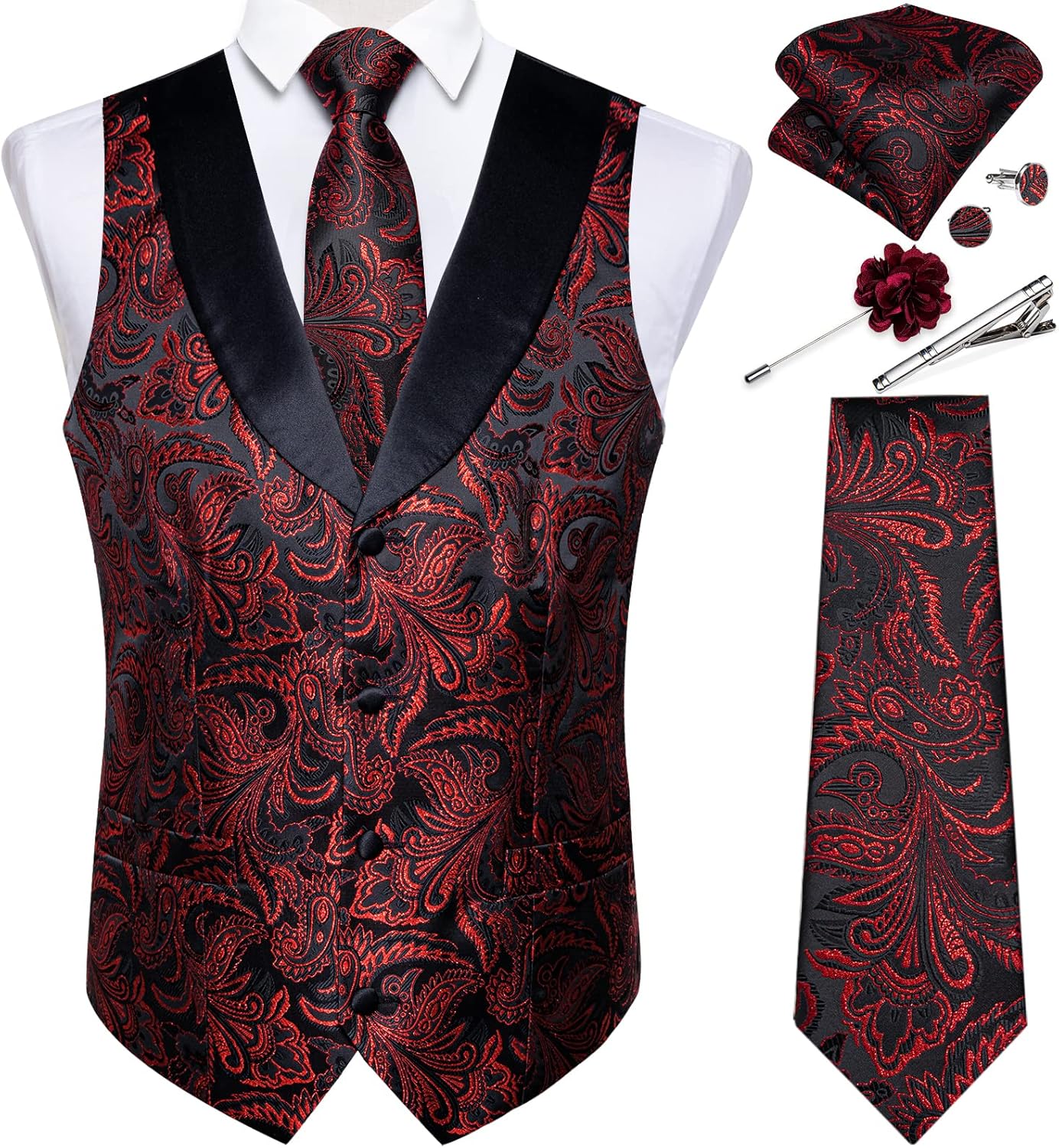 DiBanGu Mens Paisley Suit Vest Silk Jacquard Waistcoat and Necktie Set Formal Shawl Collar Dress Vest 7PCS for Wedding Party