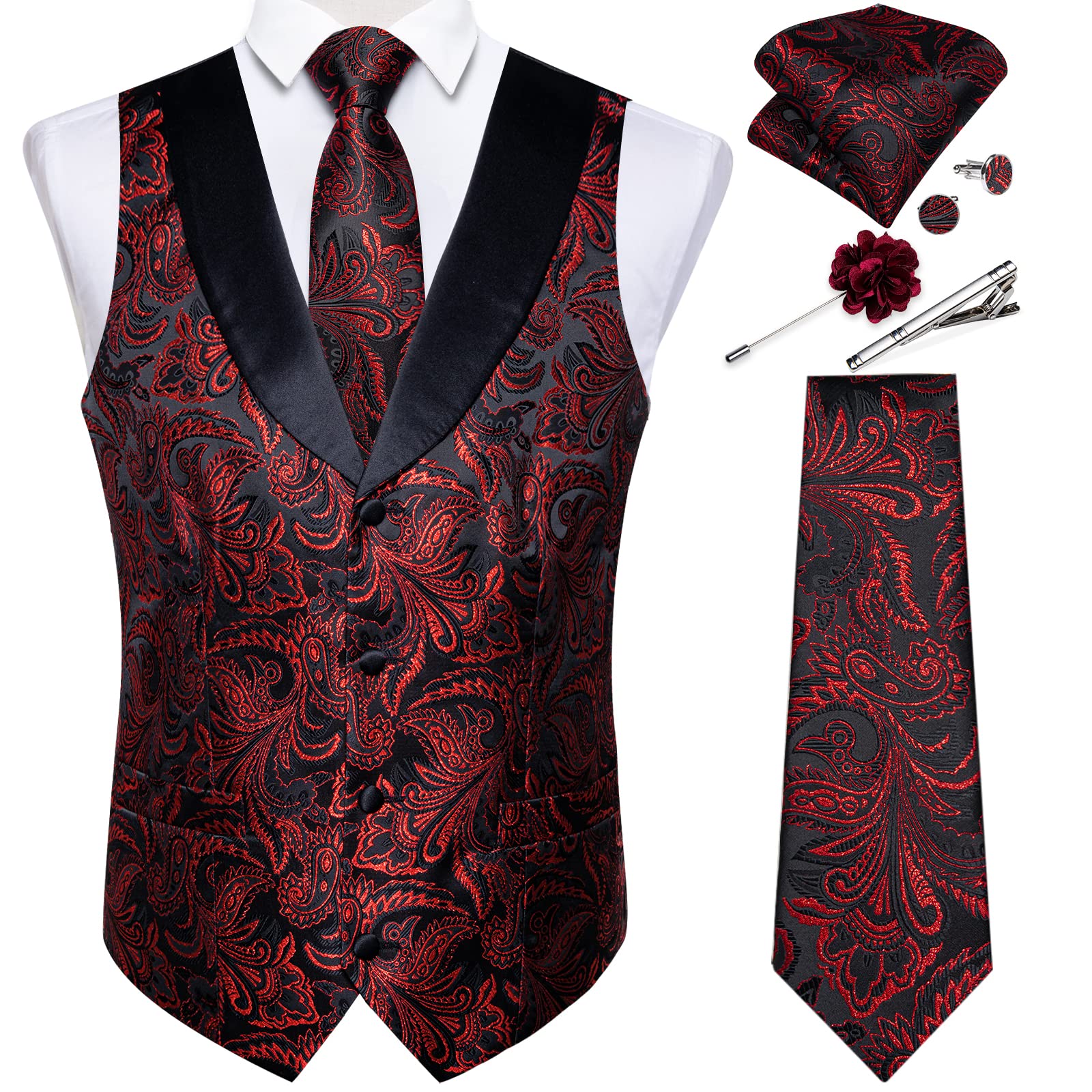 DiBanGu Mens Paisley Suit Vest Silk Jacquard Waistcoat and Necktie Set Formal Shawl Collar Dress Vest 7PCS for Wedding Party