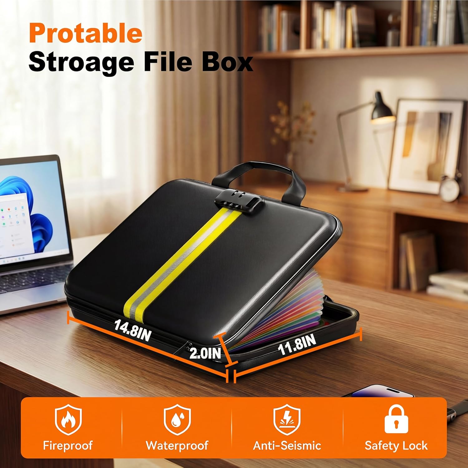 Fireproof Accordion File Organizer with Lock,Hard-Shell Fireproof Document Box with 13 Pockets for Certificates, Passports Laptop Important Documents Portable Home Office Travel Safe Storage