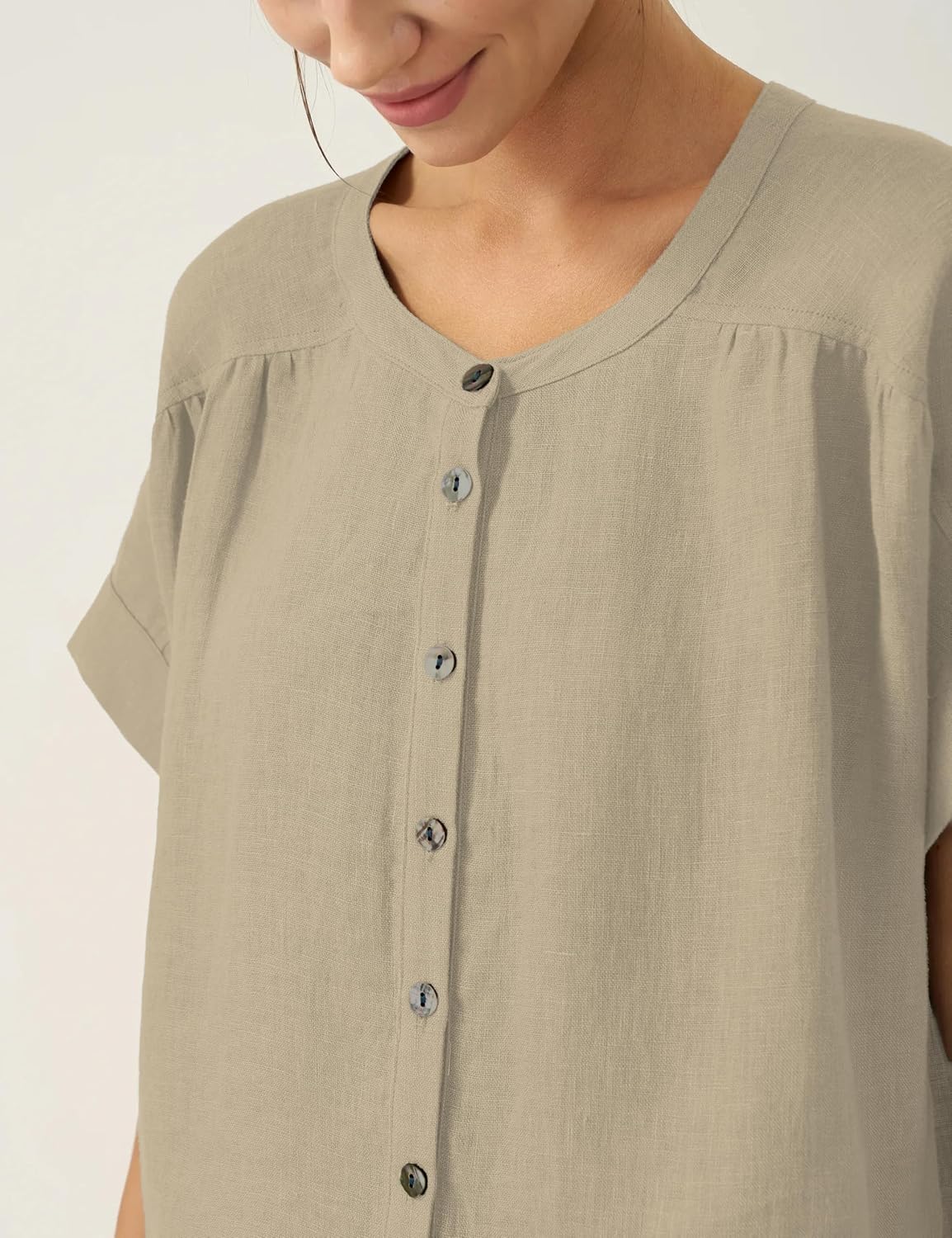 Women's Linen Button Down Shirts Pleated Crew Neck Short Sleeves Blouse Lightweight Loose Fit Casual Tops