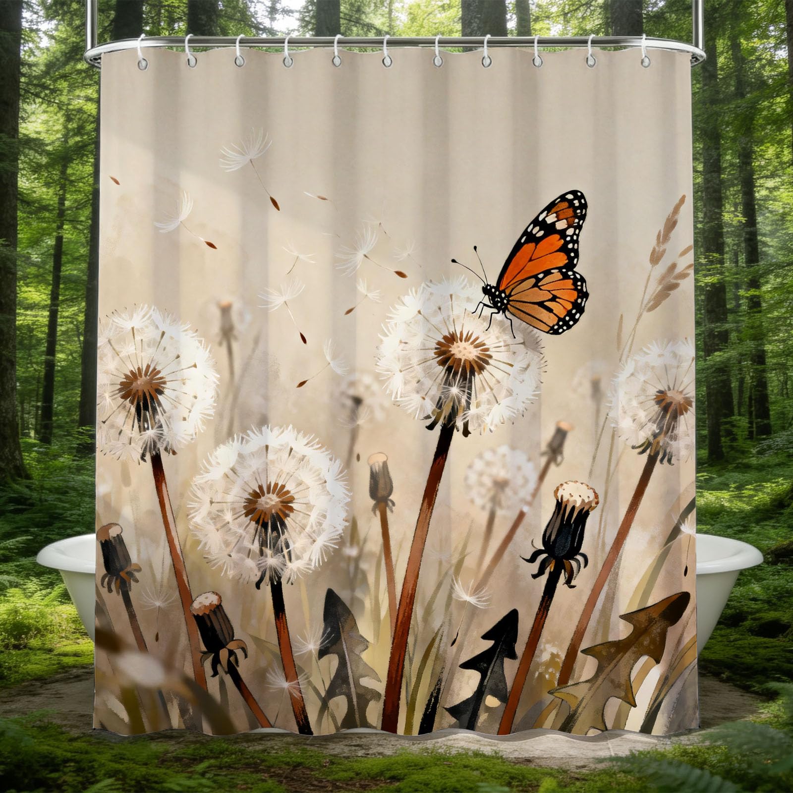 Hongduo White 3D Dandelion Butterfly Shower Curtain For Stalls Bathtubs Minimalistic Bathroom Decor Shower Curtain Set Polyester Fabric Waterproof 180X200cm/71X79 Inch With Hooks