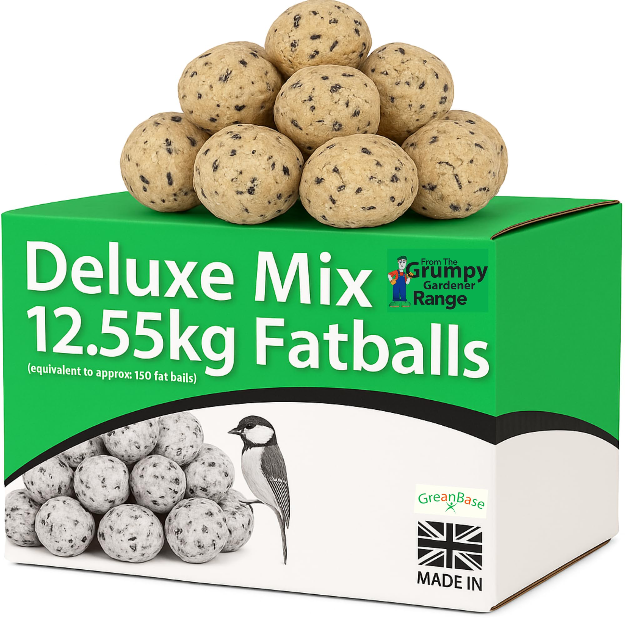 – Grumpy Gardener Fat Balls - Deluxe Mix Wild Bird Fat Balls, 150 Suet Balls Enriched with Beef Tallow, Peanuts, Sunflower Seeds and Essential Bird Seed Blend (150 Balls, 12.55kg)