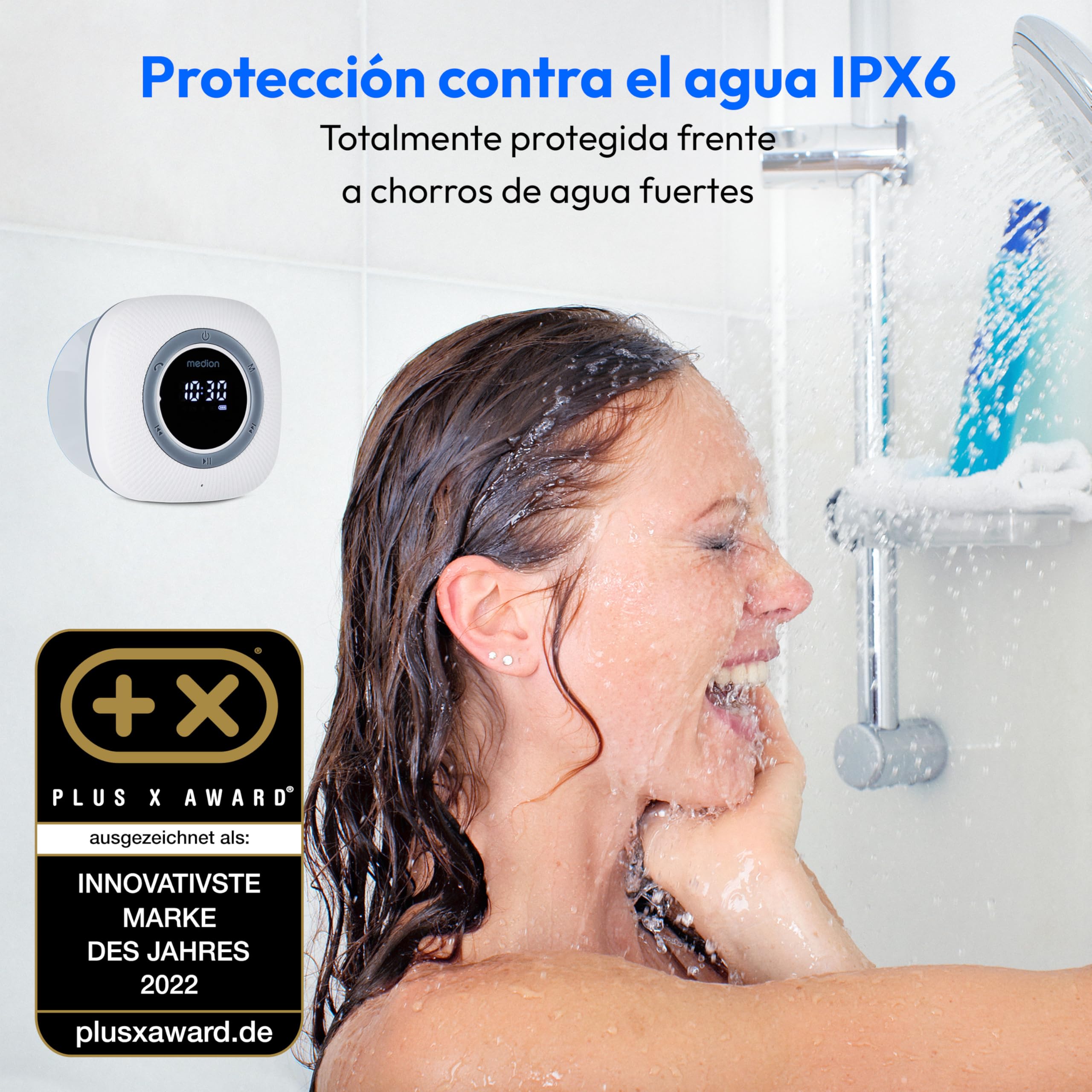 MEDION P66096 Radio de Ducha con Bluetooth (Radio de baño, Radio FM, Ventosa, Pantalla LED, Impermeable IPX6, batería Recargable integrada, MD43884) Blanco
