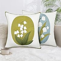 Breasome Pack of 2 Embroidered Lily of the Valley Throw Pillow Covers 18x18 Inch - Farmhouse Floral Cotton Canvas for Couch, Bed, Living Room